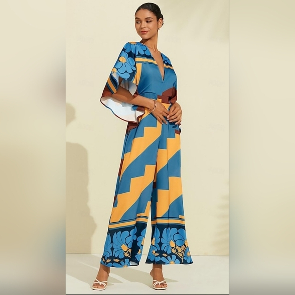 ADOR Blue Yellow Red Satin Jumper Jumpsuit Size L Colorful Comfy Lovely!